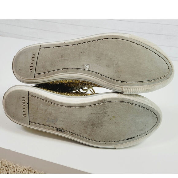 MIU MIU Gold Glitter High Tops w Silver Studded Cap Toe Sneakers, sz 38 EU/ 8 US - Picture 14 of 16